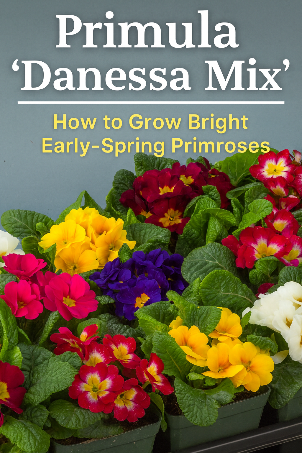 Primula Danessa Mix Primroses in vibrant red, yellow, pink, white, and purple blooms — early spring flowers ideal for cool-season gardens and containers