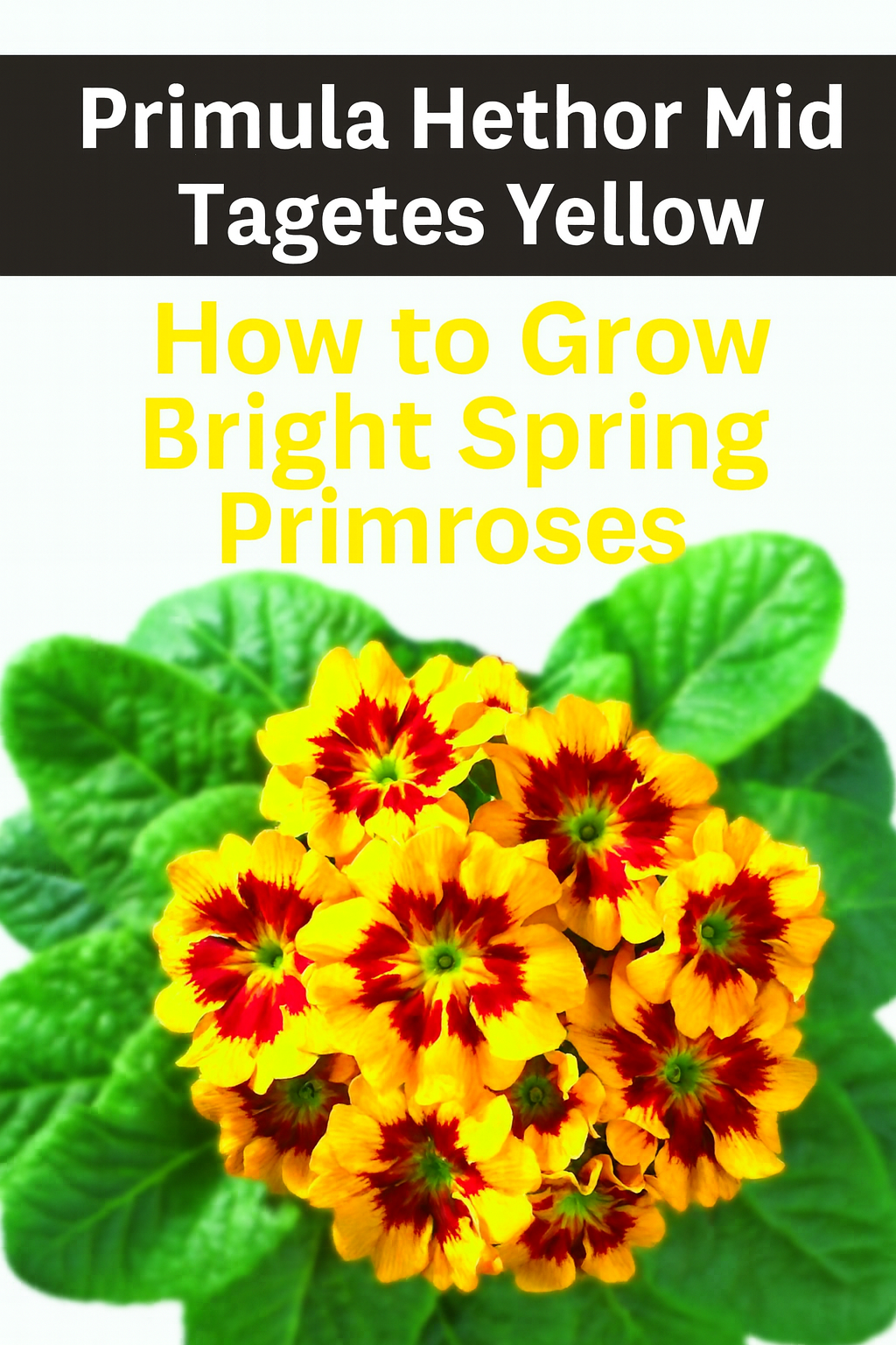 Bright yellow and red Primula Hethor Mid Tagetes Yellow Primrose blooms with lush green leaves — a cool-season flower perfect for early spring gardens and shade planters