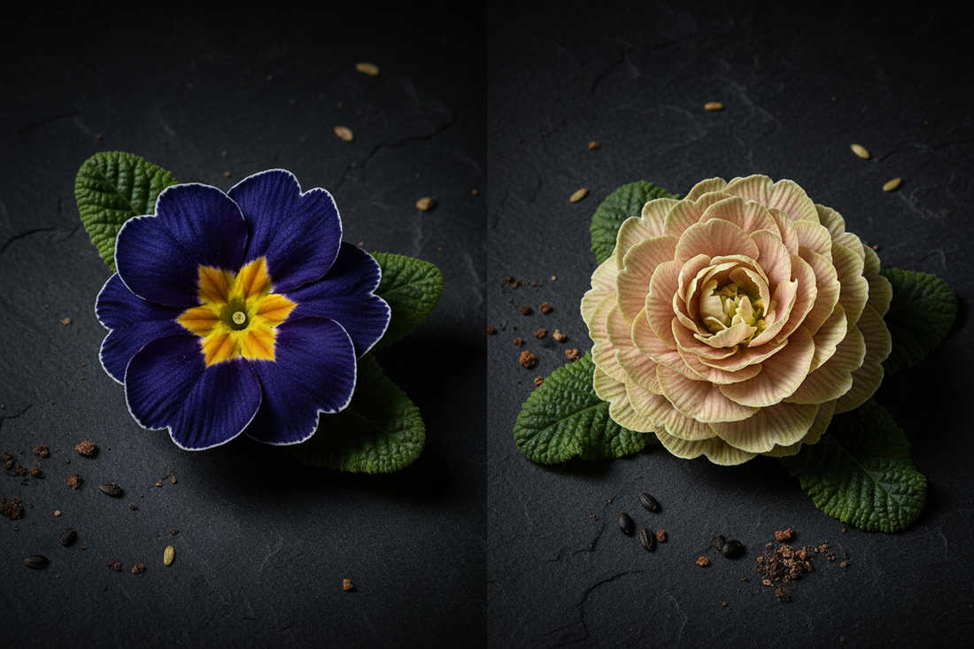 Primula Hethor single bloom vs. Primula Paradiso double bloom — comparing two premium primrose seed series for early spring gardens