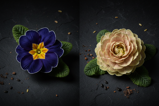 Primula Hethor single bloom vs. Primula Paradiso double bloom — comparing two premium primrose seed series for early spring gardens