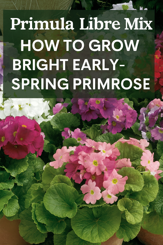 Primula Libre Mix Primroses featuring bright pink, red, purple, and white blooms — perfect for cool-season gardens, shaded areas, and early-spring displays