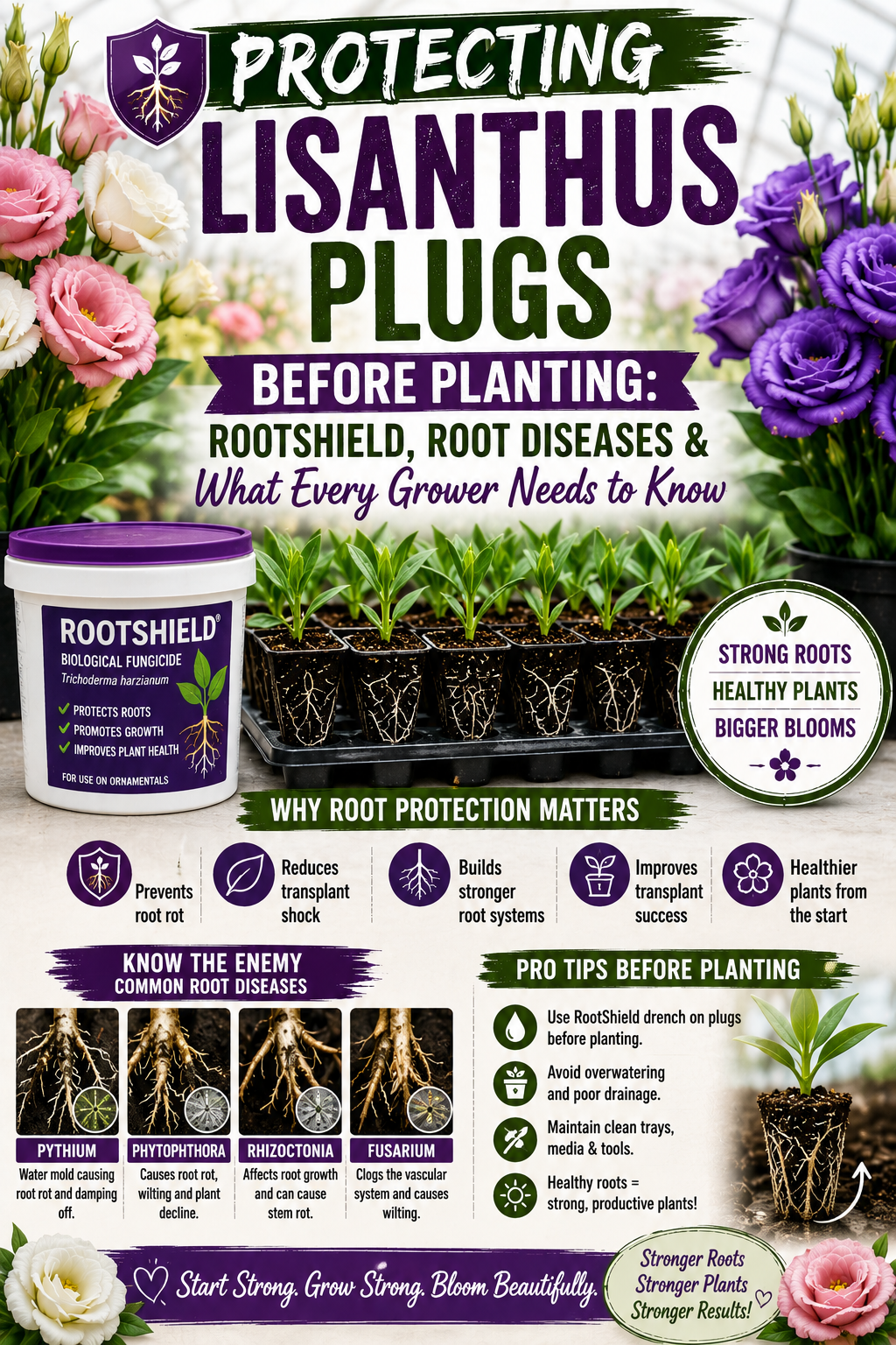Protecting lisianthus plugs before planting to prevent root diseases and promote healthy roots.