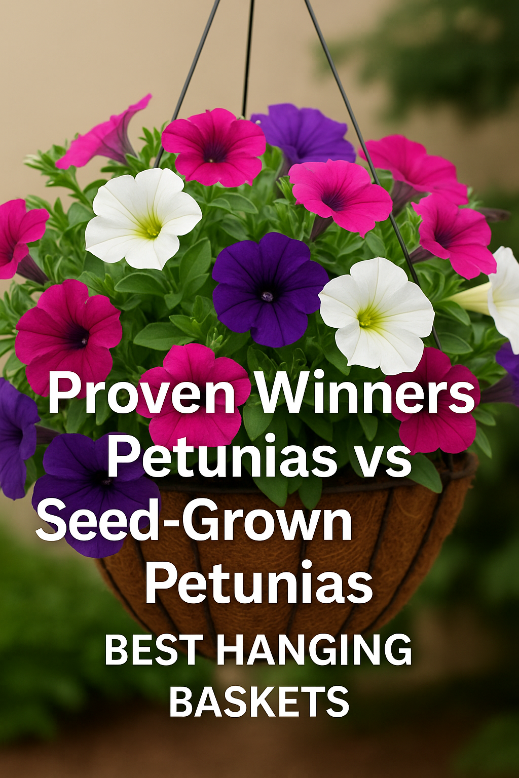 Proven Winners vs seed-grown petunias in a full hanging basket