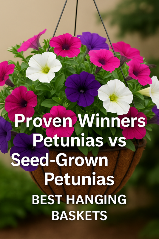 Proven Winners vs seed-grown petunias in a full hanging basket