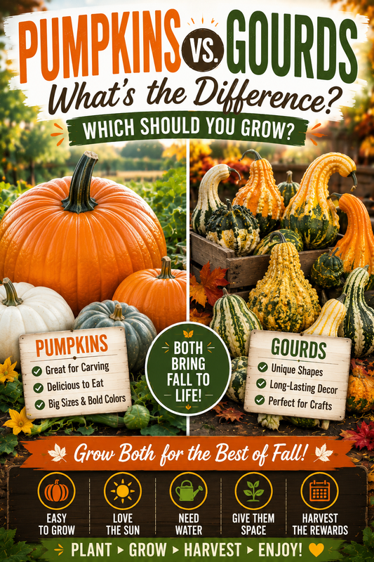 Pumpkins vs gourds comparison showing differences in shapes, uses, growing, carving, decorating and fall garden harvests.