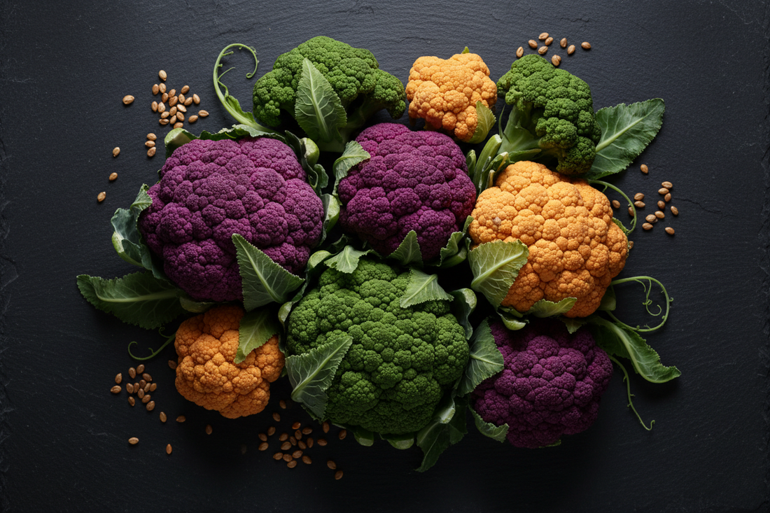 Purple, orange, and green cauliflower heads arranged together showing the full range of colorful cauliflower vegetable seeds