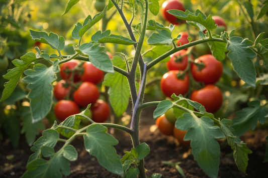 Tomato plant stem turning purple in a garden, showing phosphorus deficiency or cold stress symptoms