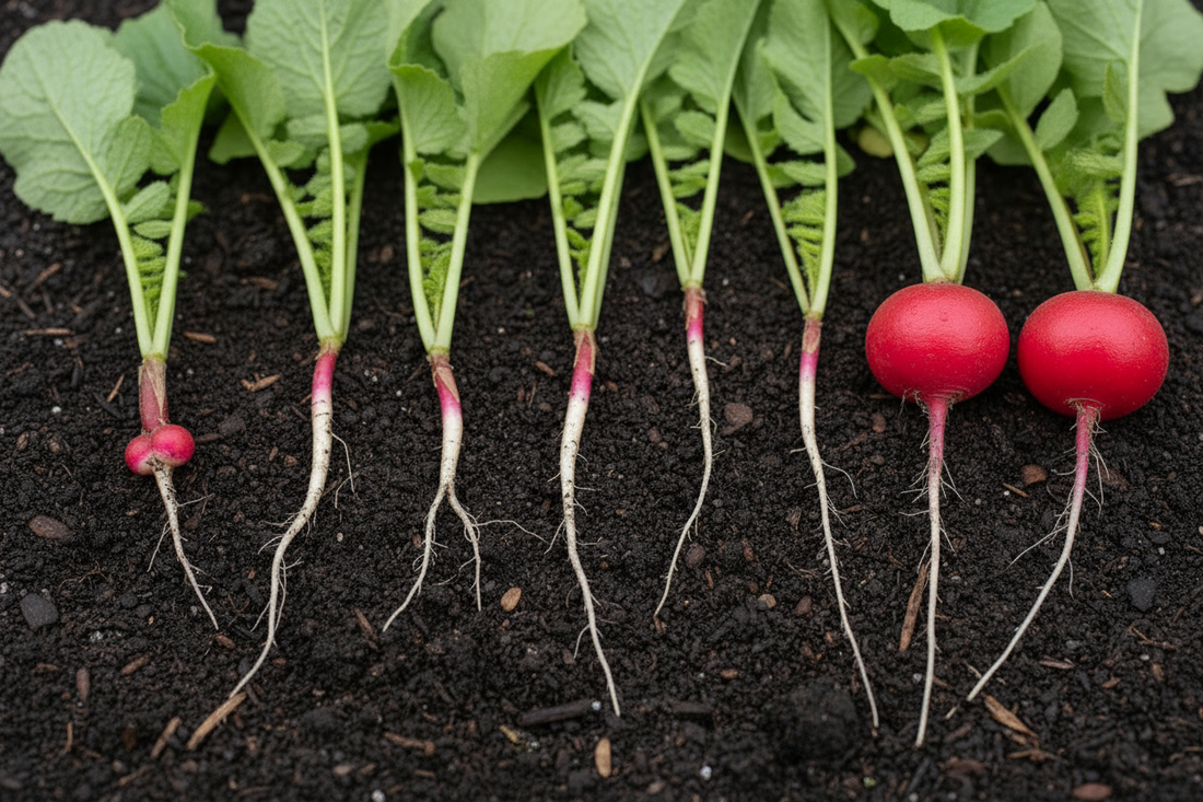 Extremely thin long failed radish roots with barely any bulb formation compared to properly formed round red radishes