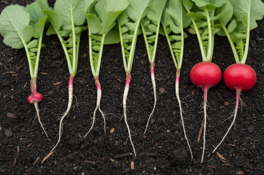 Extremely thin long failed radish roots with barely any bulb formation compared to properly formed round red radishes