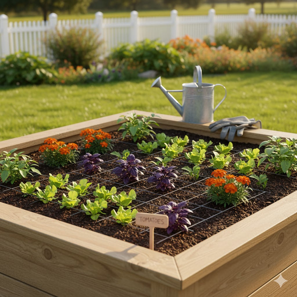 A wooden raised garden bed filled with healthy young lettuce, basil, and marigold plants, laid out in a square foot gardening grid. A watering can sits in the background.