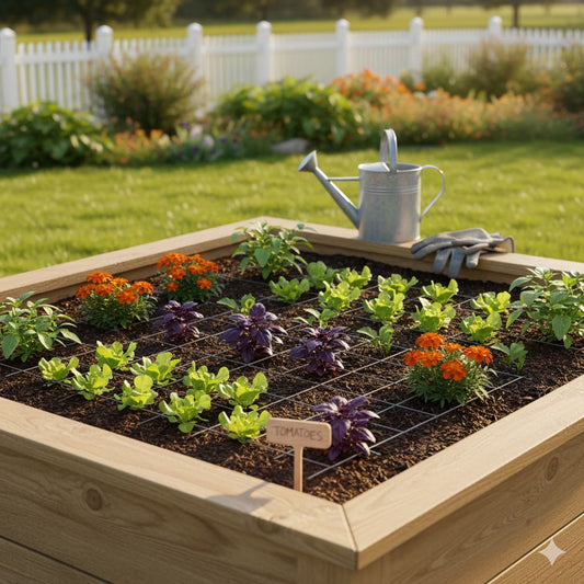 A wooden raised garden bed filled with healthy young lettuce, basil, and marigold plants, laid out in a square foot gardening grid. A watering can sits in the background.