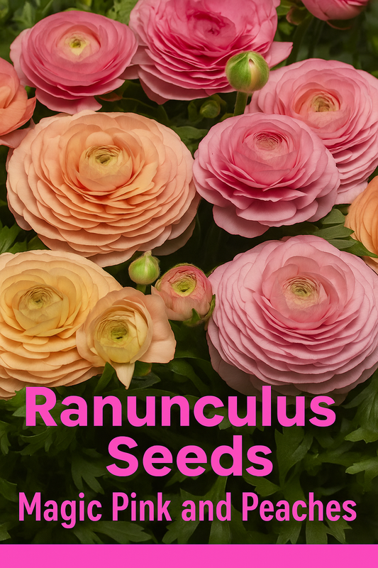 Ranunculus Magic Pink and Peaches flowers in soft blush and peach shades with layered petals, perfect for spring cut flowers, bouquets, and wedding arrangements