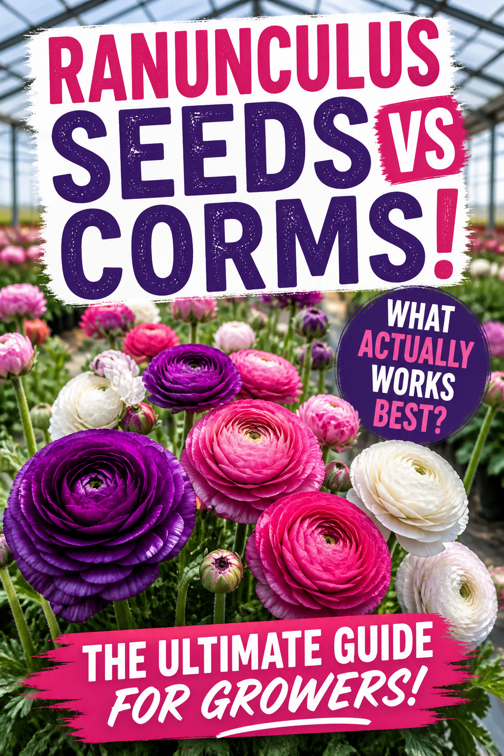 ranunculus seeds vs corms comparison for growing cut flowers in greenhouse with pink purple and white blooms