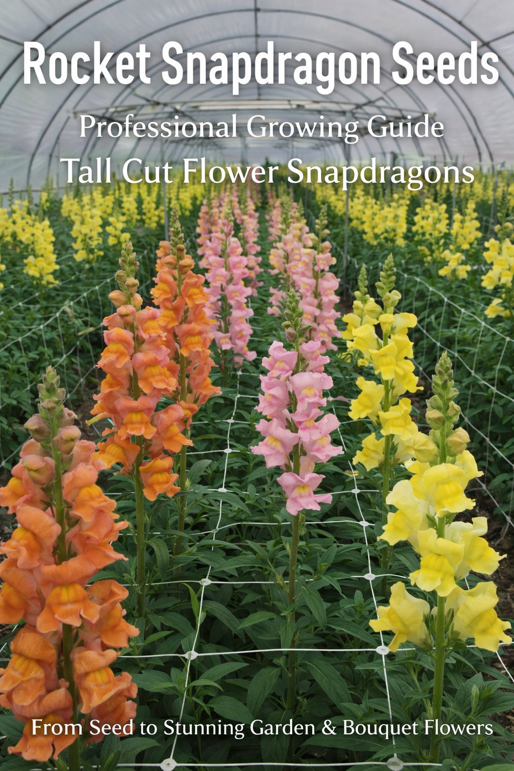 Rocket snapdragon flowers growing in a greenhouse high tunnel with netting support for tall cut flower production from seed.
