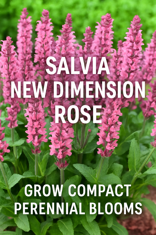 Salvia New Dimension Rose perennial flowers in bloom, showing compact rose-pink flower spikes and lush green foliage, perfect for pollinator and perennial gardens