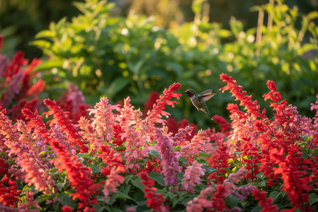 Ruby-throated hummingbird feeding from red and coral salvia flowers in a summer garden — Summer Jewel and Texas Sage salvia seeds from Trailing Petunia