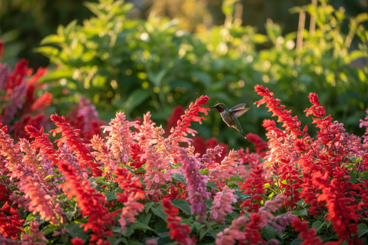 Ruby-throated hummingbird feeding from red and coral salvia flowers in a summer garden — Summer Jewel and Texas Sage salvia seeds from Trailing Petunia