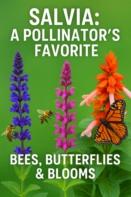 Bright perennial salvia flowers with bees and butterflies collecting nectar, perfect for pollinator gardens, perennial borders, and eco-friendly landscapes