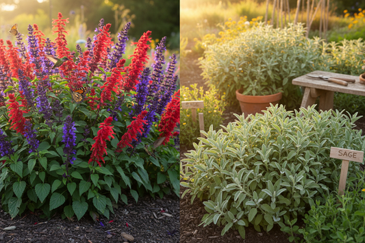 Salvia vs sage — ornamental salvia with red and purple flower spikes compared to culinary sage with silvery-green aromatic leaves