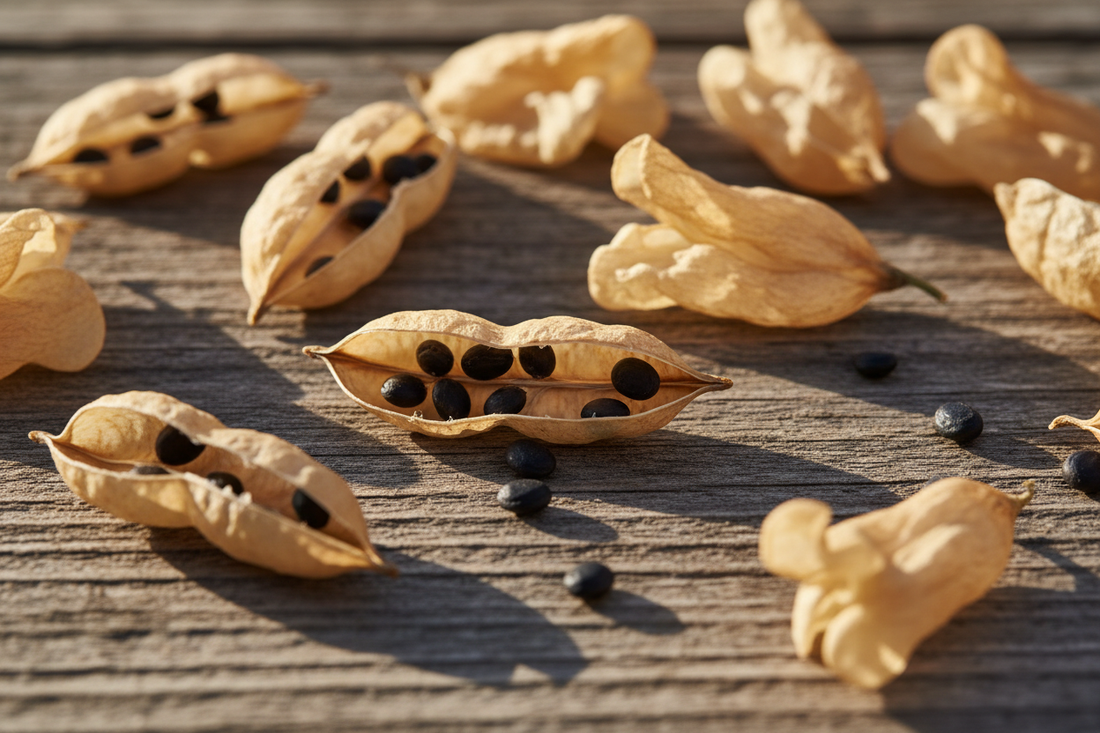 Dried sweet pea seed pods split open on a wooden surface revealing dark round seeds ready for saving