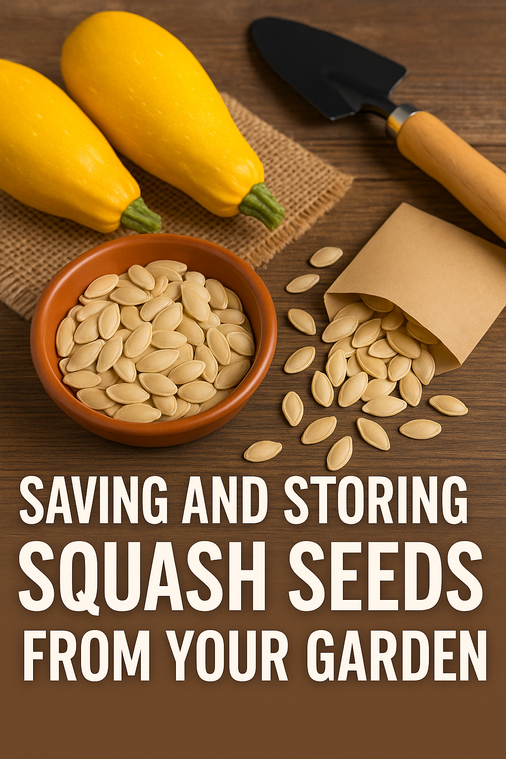 Saving and Storing Squash Seeds from Your Garden — bright image of yellow squash, seeds, and garden tools for seed saving