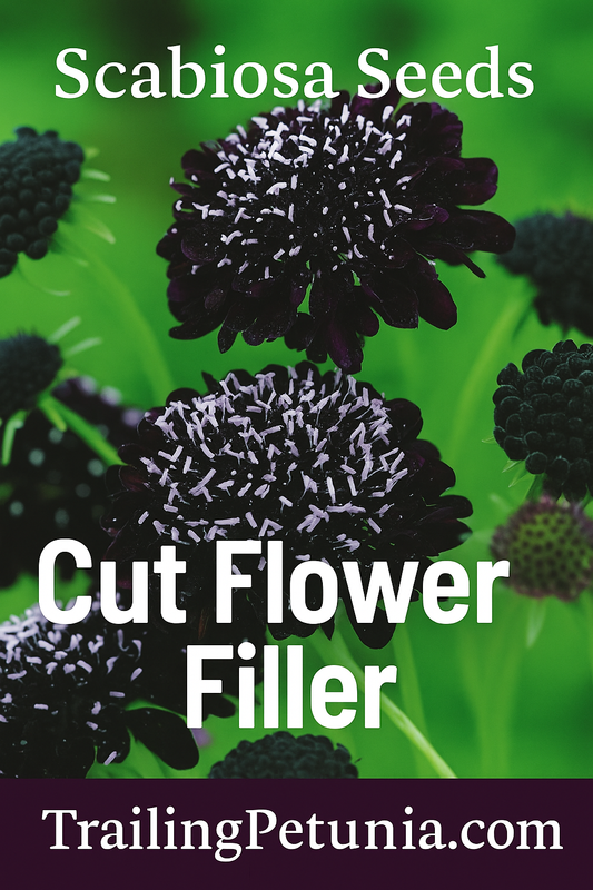 Scabiosa Black Knight flowers – deep burgundy blooms ideal for cut flower filler.