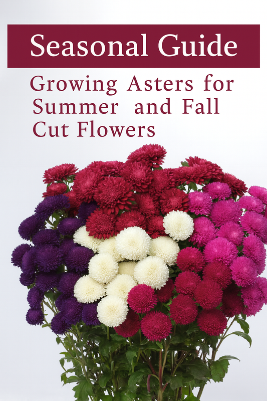 Bouquet of colorful asters in red, purple, white, and pink blooms with overlay text reading "Seasonal Guide: Growing Asters for Summer and Fall Cut Flowers