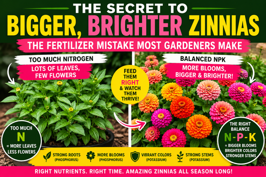 Colorful zinnia flowers showing how the right fertilizer helps produce bigger blooms, brighter colors, stronger stems, and healthier plants throughout the summer growing season.