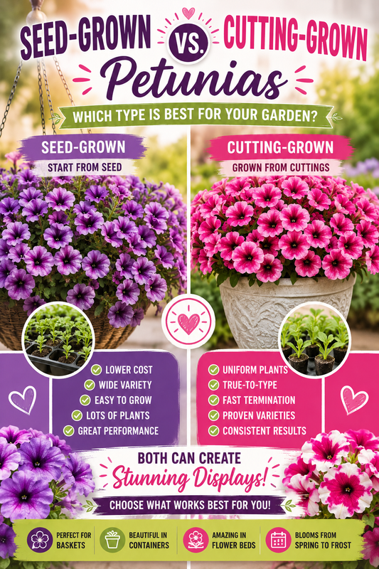 Seed-grown petunias compared with cutting-grown petunias showing differences in plant production, flower displays, growth habits, and garden performance.