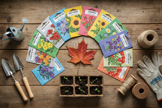 Seed starting calendar for Canadian gardeners with flower seed packets and seedling trays