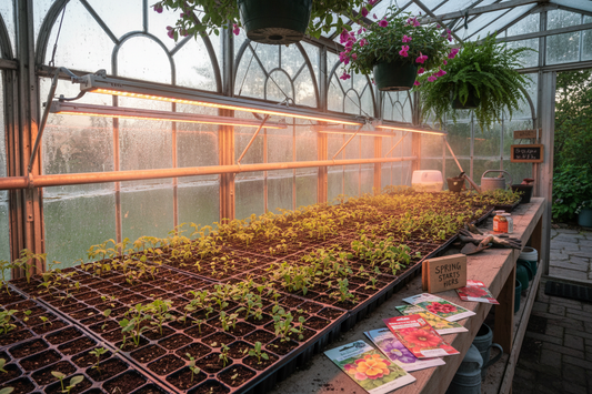 Seed trays with young seedlings growing under grow lights in a greenhouse during winter seed starting season