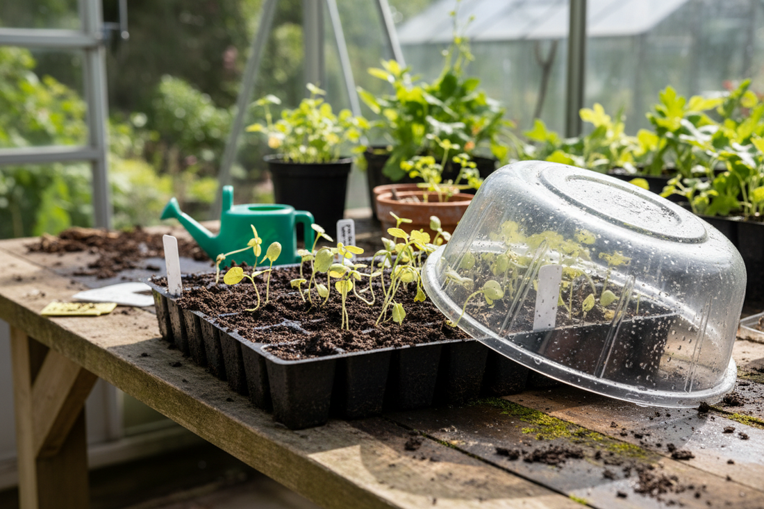 Waterlogged seed starting tray with struggling seedlings and soggy dark soil
