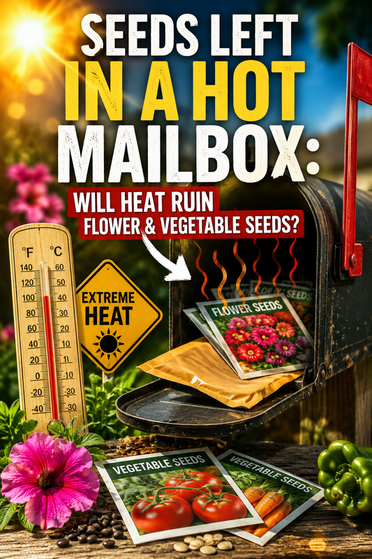 Seeds left in a hot mailbox during summer heat showing flower and vegetable seed packets and extreme temperatures.