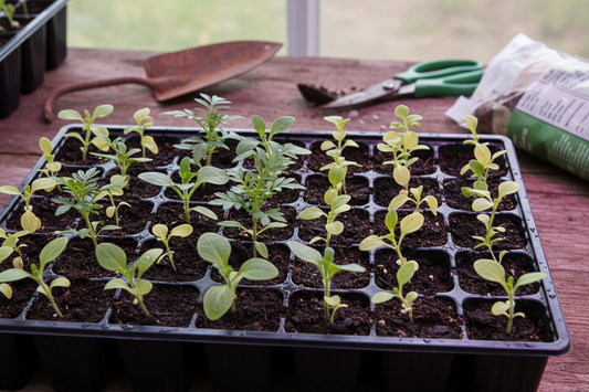 Petunia and marigold seedlings sprouting in a seed tray under grow lights — troubleshooting guide for seeds that sprout but stop growing