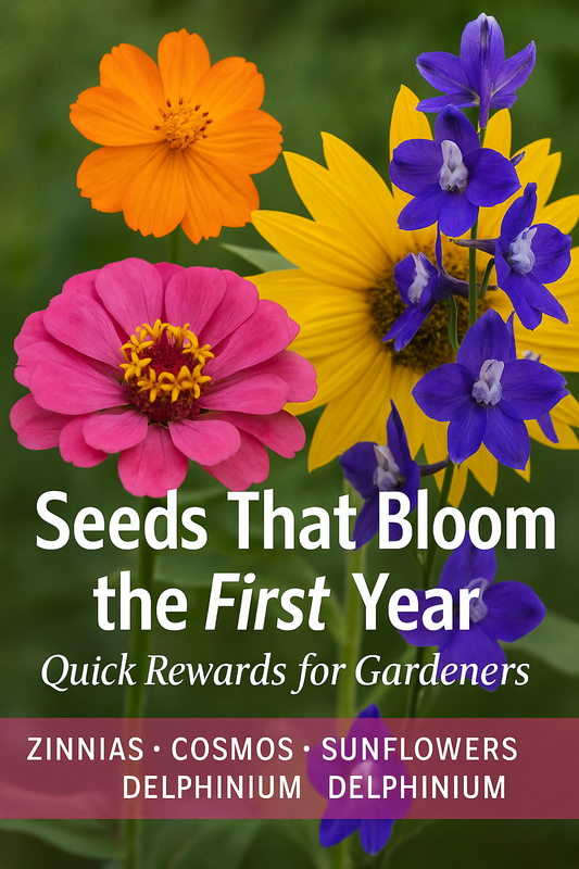 Collage of colorful flowers including zinnias, cosmos, sunflowers, delphinium, echinacea, daisies, and rudbeckia, highlighting seeds that bloom the first year
