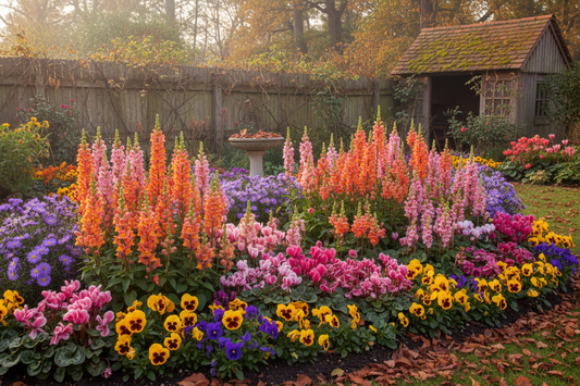 Colorful fall garden with pansies, snapdragons, cyclamen and asters in bloom — September planting guide by USDA zone