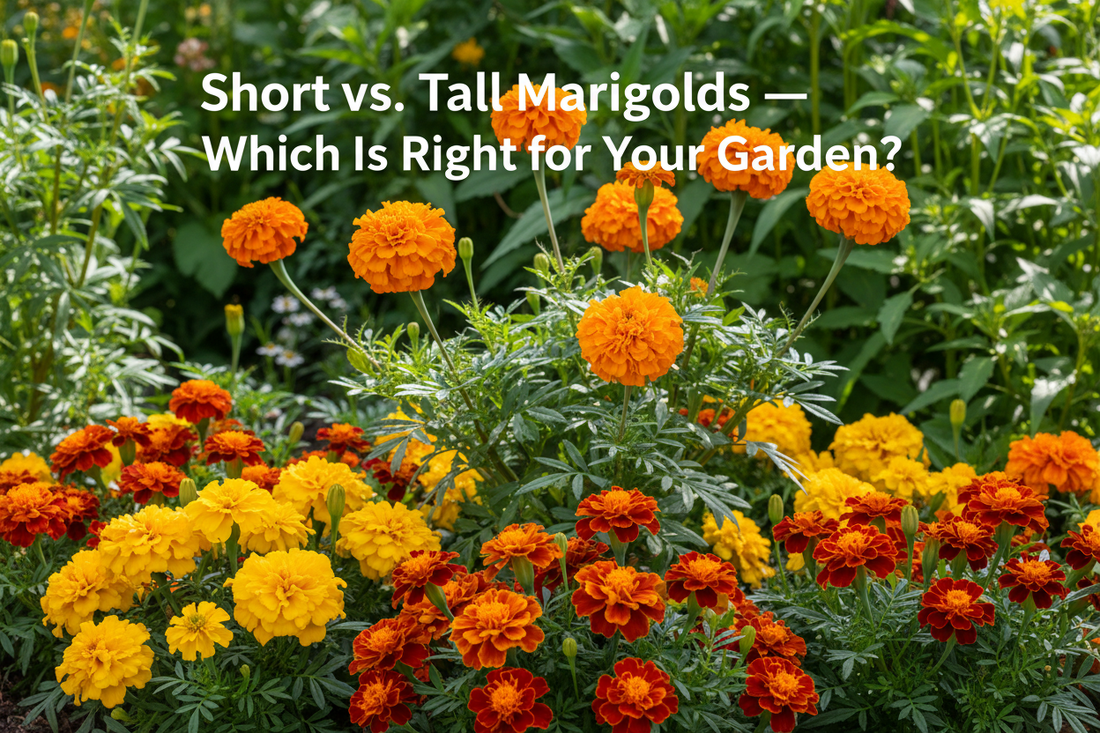Short French marigolds and tall African marigolds growing side by side in a sunny garden — vibrant orange, yellow, and red blooms