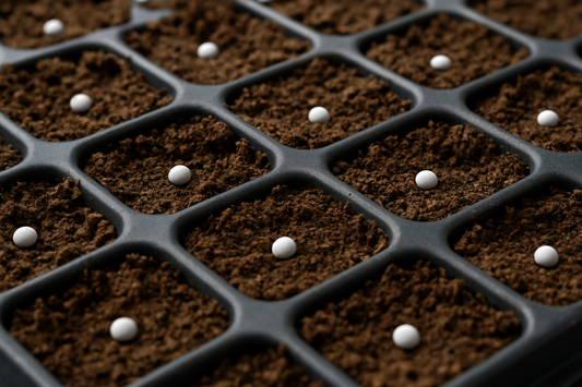 Single pelleted seeds pressed into soil in a seed tray, ready for germination