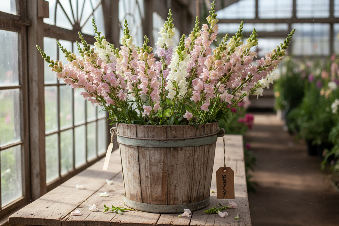 Tall snapdragon cut flower stems in blush, lavender, and white arranged in a rustic bucket