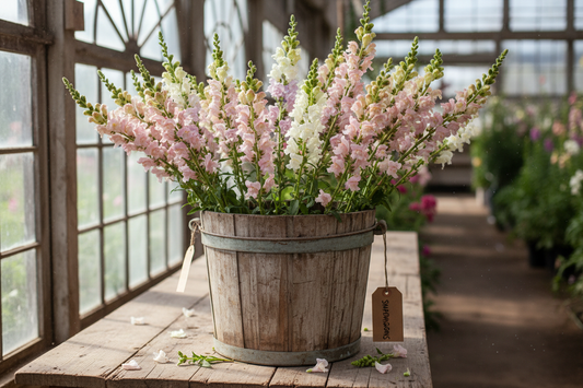 Tall snapdragon cut flower stems in blush, lavender, and white arranged in a rustic bucket