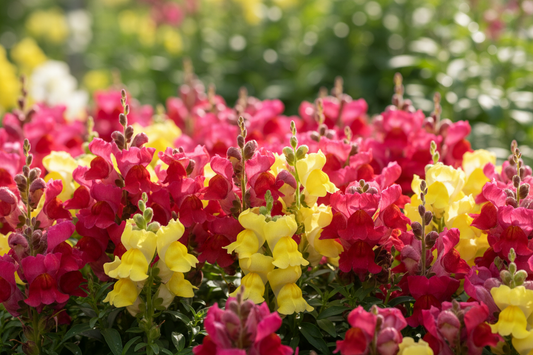 "Vibrant snapdragon flowers blooming in pink red and yellow in a sunny cut flower garden"