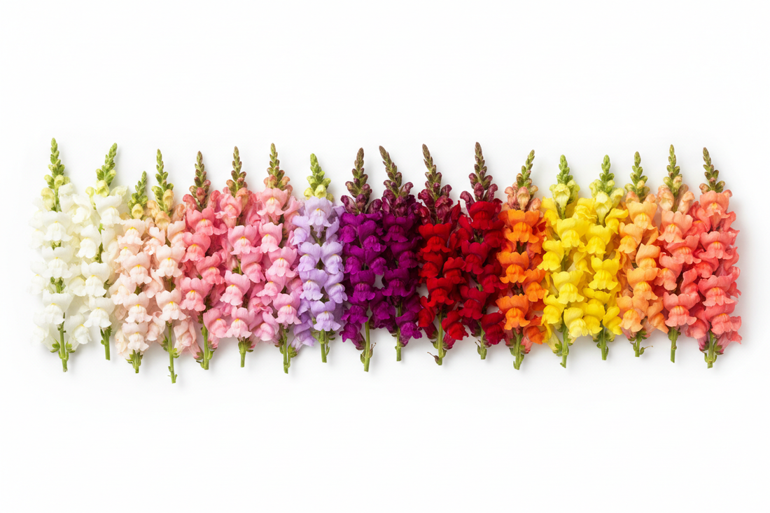 Snapdragon cut flowers arranged by color group — white, pink, lavender, red, orange, and yellow — showing the full snapdragon seed color palette
