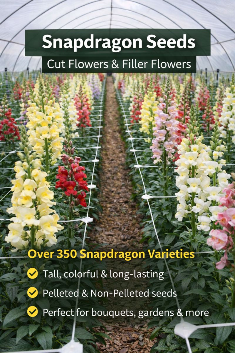Snapdragon cut flowers growing in a high tunnel as colorful filler and cut flower stems