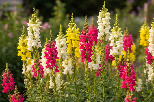 Tall snapdragon flower spikes in pink, yellow, white, and champagne growing in a cutting garden