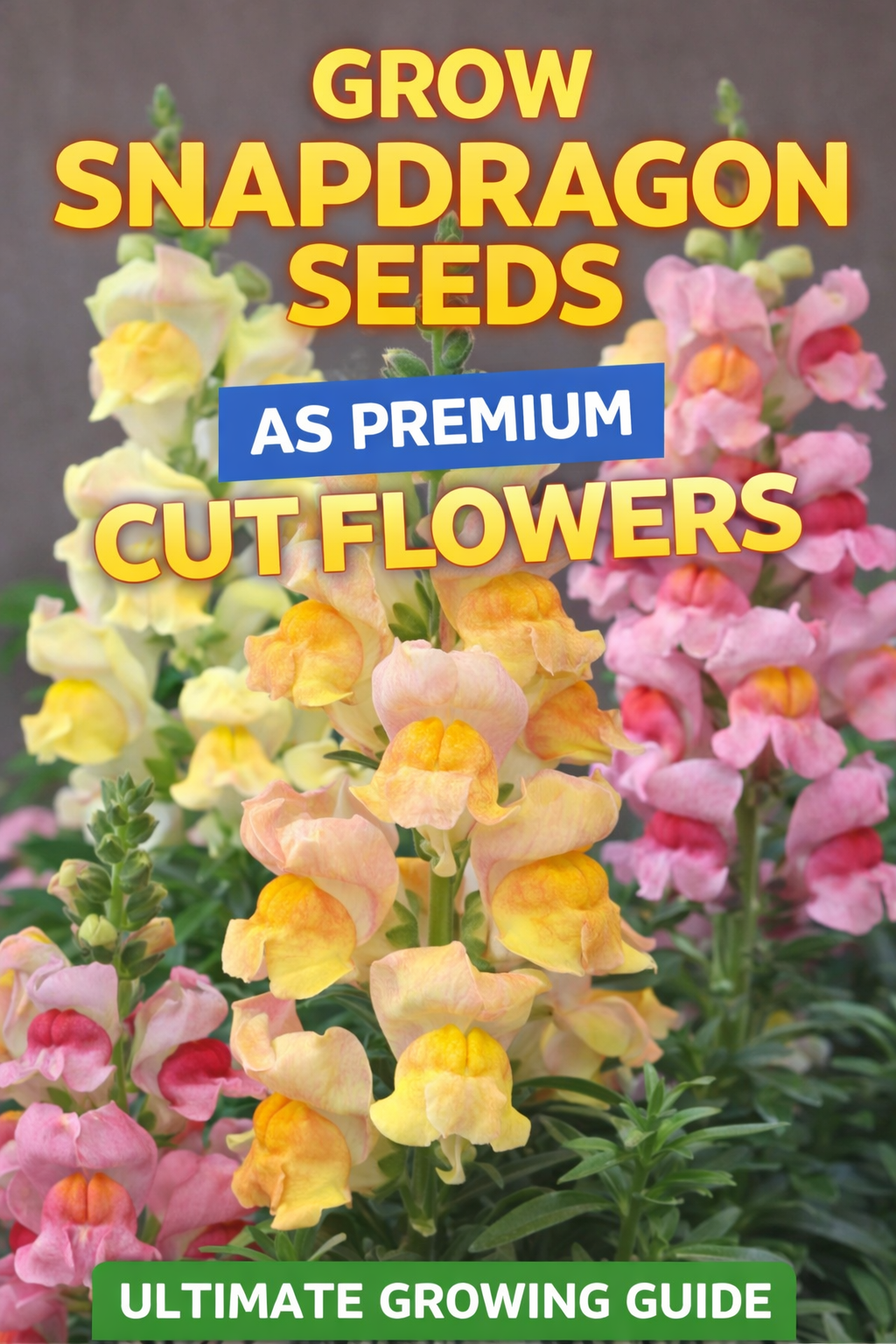 Snapdragon flowers in bloom showing tall colorful spikes grown from seed for cut flower bouquets and garden planting
