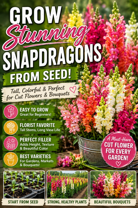 Colorful snapdragon flowers growing in a garden with tips for growing snapdragons from seed for bouquets and cut flower gardens