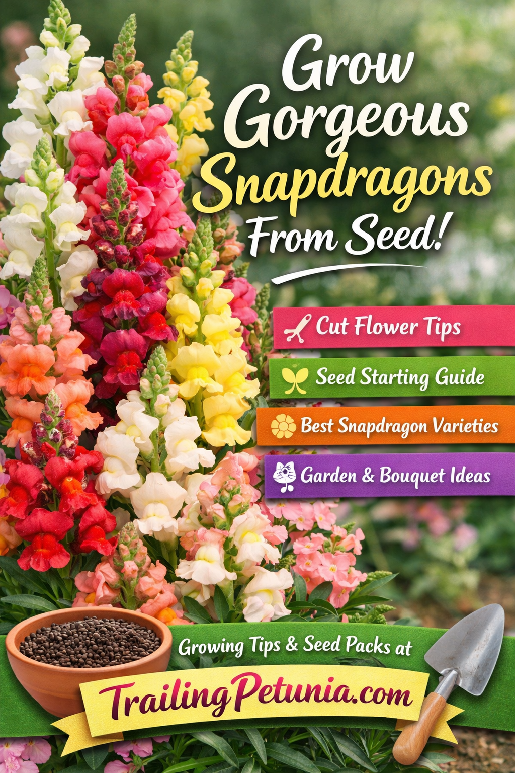 Colorful snapdragon flowers in a garden showing how to grow snapdragons from seed for cut flowers and bright blooms