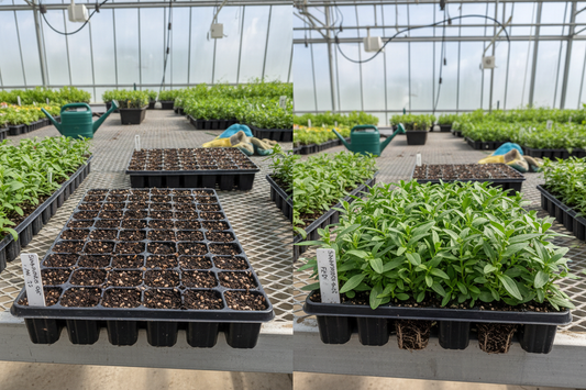 Side by side comparison of snapdragon seeds in a tray versus snapdragon plug transplants ready for planting