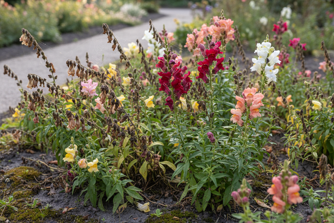 Snapdragon plants wilting and dying in a garden bed showing signs of stress and collapse