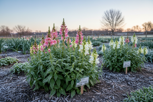 Snapdragon plants blooming in early spring garden with light frost on the ground showing their cold hardiness